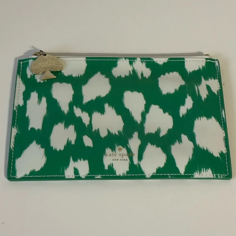 kate spade Green Leopard Print Pencil Pouch Makeup Cosmetic Bag
